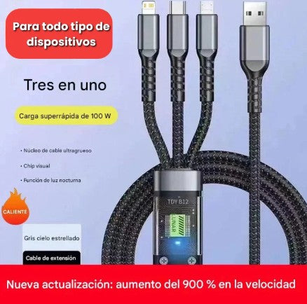Cable de Carga Rápida USB-C 3 en 1 de Nailon Trenzado de 100W 5A