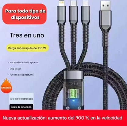 Cable de Carga Rápida USB-C 3 en 1 de Nailon Trenzado de 100W 5A