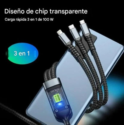 Cable de Carga Rápida USB-C 3 en 1 de Nailon Trenzado de 100W 5A