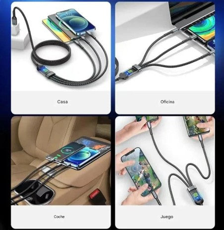 Cable de Carga Rápida USB-C 3 en 1 de Nailon Trenzado de 100W 5A