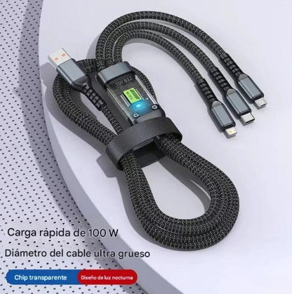 Cable de Carga Rápida USB-C 3 en 1 de Nailon Trenzado de 100W 5A